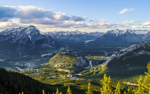 3360x2100 pix. Wallpaper banff national park, canada, mountains, valley, forest, sunset, clouds, nature, landscape