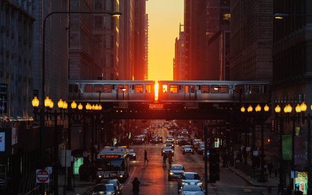 3840x2400 pix. Wallpaper chicago, illinois, city, sunset, street, metro, car