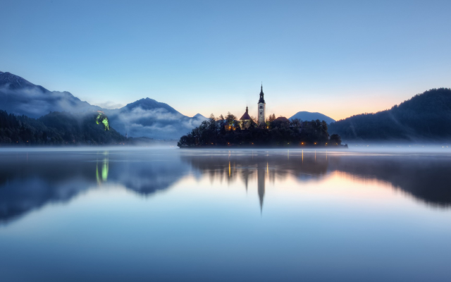 1920x1080 pix. Wallpaper lake, bled, slovenia, island, church, assumption of mary, nature, mist, fog