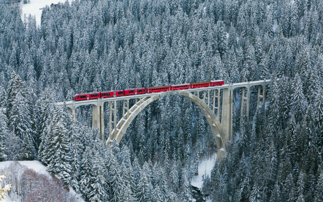1920x1200 pix. Wallpaper trein, rhaetian railway, langwieser viaduct, bridge, switzerland, nature, winter, forest, snow, tree