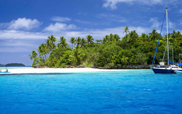 5000x2473 pix. Wallpaper tonga, oceania, nature, tropical, yacht, palm trees, island, sand