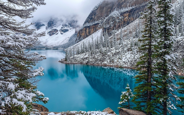 1920x1080 pix. Wallpaper moraine lake, canada, winter, turquoise, water, forest, mountains, snow, nature