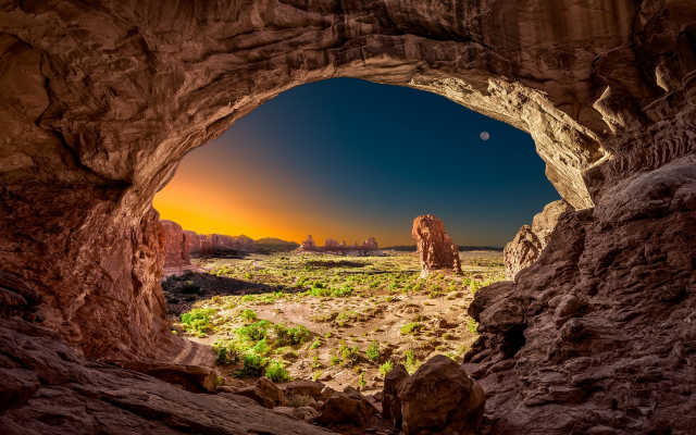 1920x1200 pix. Wallpaper utah, sunrise, moon, arches national park, rock, desert, nature, landscape