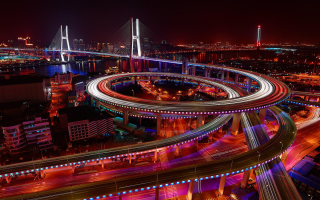 2000x1500 pix. Wallpaper nanpu bridge, shanghai, china, city, night, bridge, road