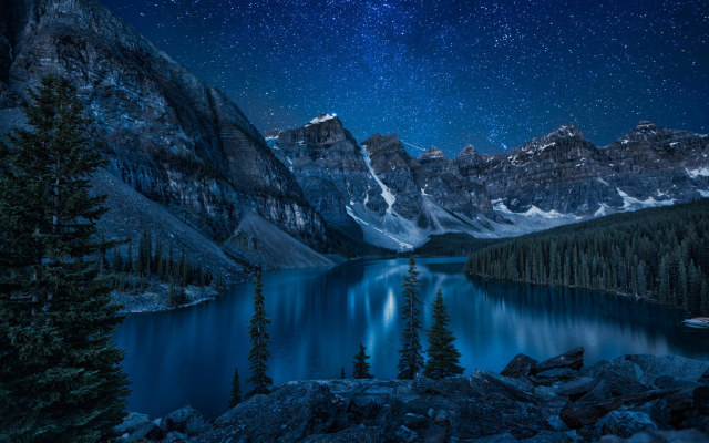 2048x1363 pix. Wallpaper moraine lake, lake, alberta, canada, night, nature, mountains, landscape, tree, stars