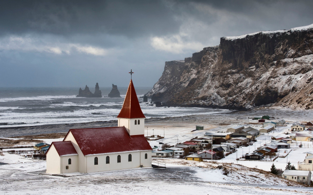 1920x1200 pix. Wallpaper vik, church, cliff, sea, snow, winter, iceland, rock, sea
