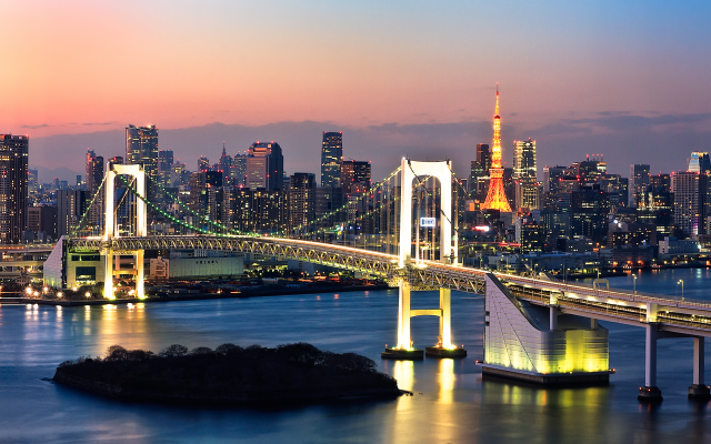 2048x1203 pix. Wallpaper rainbow bridge, tokyo, night, japan, bridge, city