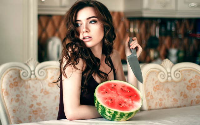 2048x1365 pix. Wallpaper woman, knife, watermelon, brunette