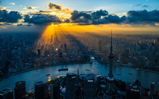 1920x1080 pix. Wallpaper shanghai, china, city, river, skyscrapers, clouds, sin lights