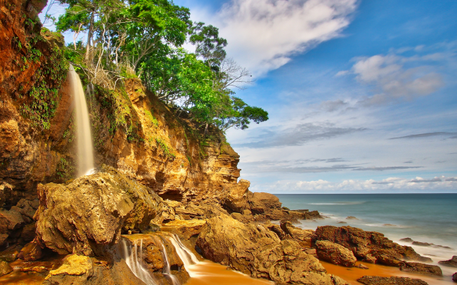 3805x3301 pix. Wallpaper el chorro waterfall, sea, vliff, waterfall, nature, costa rica
