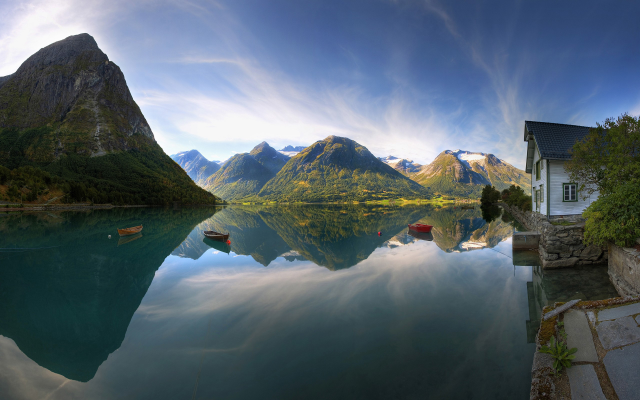 2560x1600 pix. Wallpaper norway, fjord, reflections, mountains, river, boat, nature