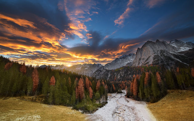 2047x1207 pix. Wallpaper fall, forest, autumn, nature, landscape, sunset, mountains, sky, clouds, pine tree