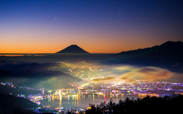 1920x1080 pix. Wallpaper mount fuji, japan, nature, mountains, hill, mist, long exposure, city, lake