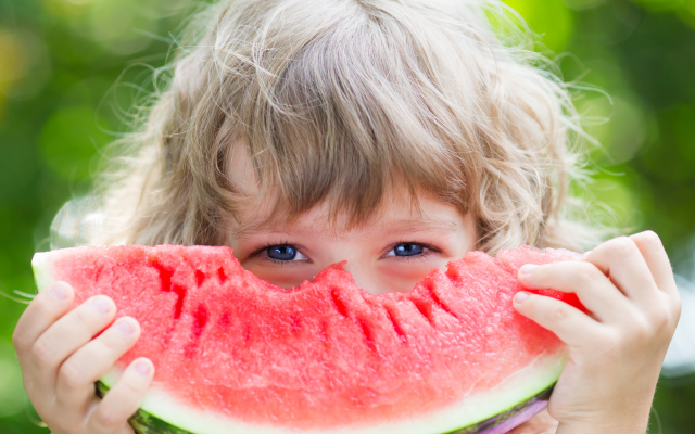 7680x5671 pix. Wallpaper watermelon, child, baby, eyes, food