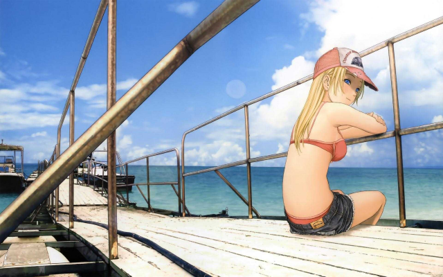 1920x1200 pix. Wallpaper anime, girl ,pier, sea, bikini, cap, btooom!