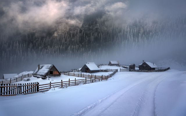 2048x1280 pix. Wallpaper cabin, fence, cold, winter, path, mountains, snow, forest, mist, clouds, nature, landscape