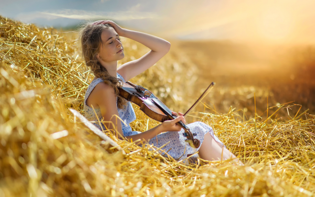 3101x2069 pix. Wallpaper field, women, outdoors, violin, hay