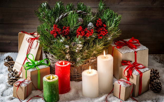 4147x2952 pix. Wallpaper christmas, candles, gifts, snow, decorations, new year