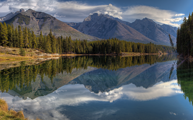 3382x1620 pix. Wallpaper johnson lake, canadian rockies, banff national park, alberta, canada, reflection, nature, lake