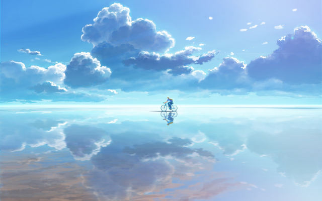 2000x1416 pix. Wallpaper bicycle, clouds, reflection, anime, salt lake