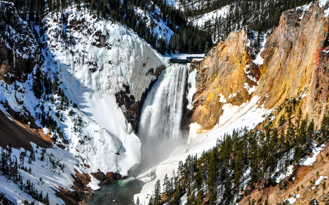 4288x2848 pix. Wallpaper lower falls, yellowstone national park, mountains, waterfall, winter, nature