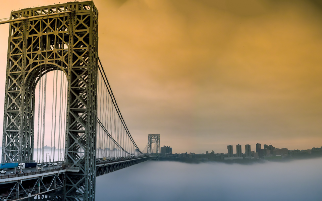 2048x1204 pix. Wallpaper george washington bridge, new york, usa, clouds, bridge, mist, fog, city