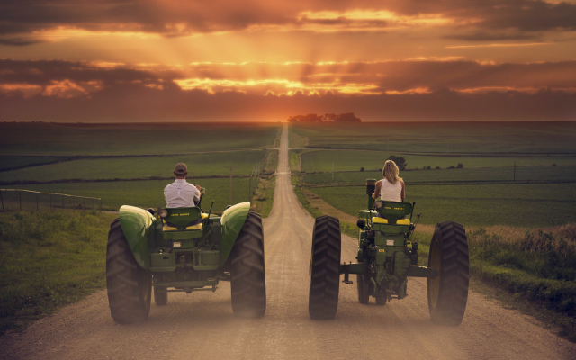 2048x1388 pix. Wallpaper landscape, field, tractors, vehicle, sunset
