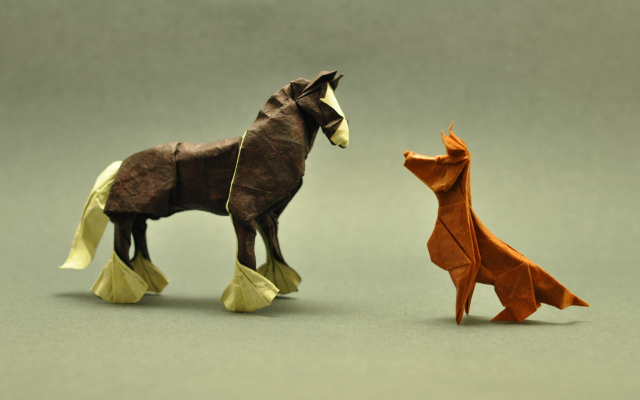 4282x2467 pix. Wallpaper origami, horse, dog