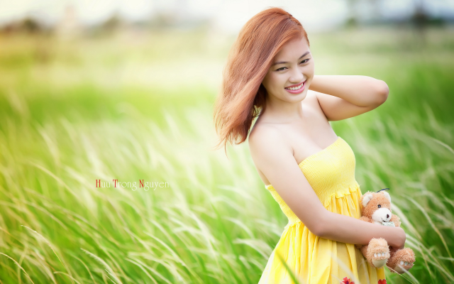 2560x1600 pix. Wallpaper women, asian, summer, mood, field, grass, yellow dress, smiling