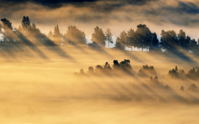 5079x2857 pix. Wallpaper morning, field, fog, light, nature