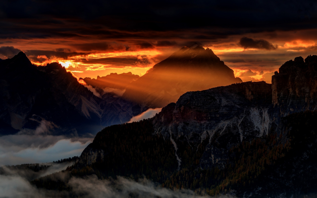 2500x1667 pix. Wallpaper dolomites, alps, landscape, nature, sunrise, mist, fog, mountains, sun rays