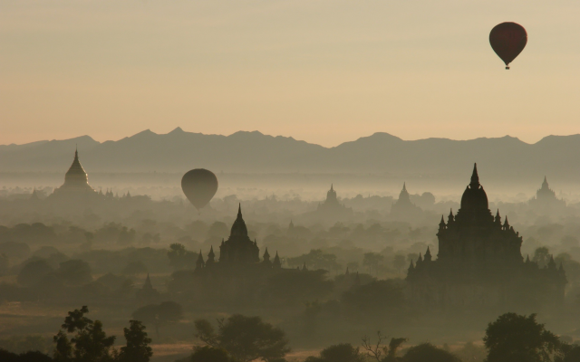 2559x1571 pix. Wallpaper hot air balloons, bagan, myanmar, burma, nature, landscape, temple, mist, fog, architecture