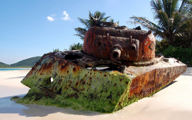 1920x1080 pix. Wallpaper abandoned tank, tank, beach, sand, rust, palm, tropical
