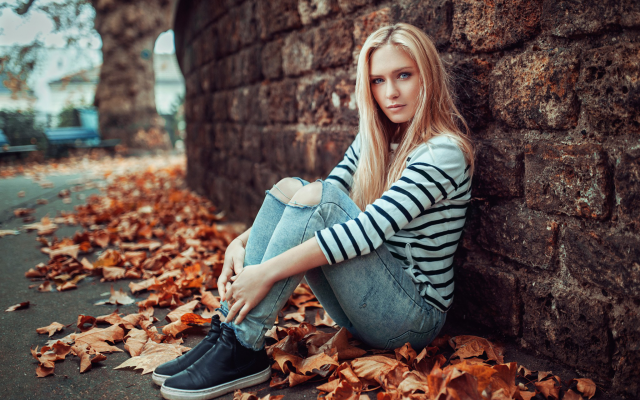 2048x1334 pix. Wallpaper women, sitting, pants, jeans, torn jeans, sneakers, leaf, autumn