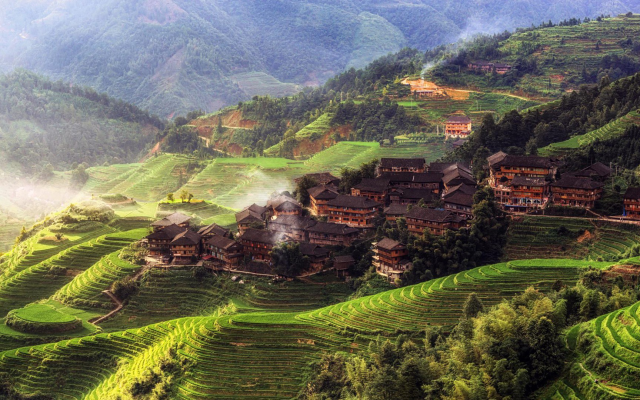 1920x1080 pix. Wallpaper china, asia, rice paddy, morning, house, hill, terraced field, nature, landscape
