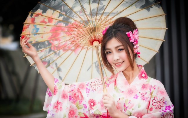 5758x3570 pix. Wallpaper umbrella, women, asian, model, brunette, smiling, kimono