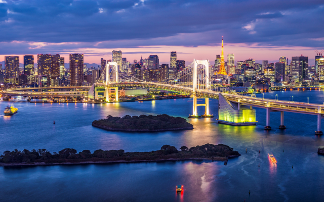 3840x2160 pix. Wallpaper rainbow bridge, tokyo, japan, city, bridge, night, skyscrapers