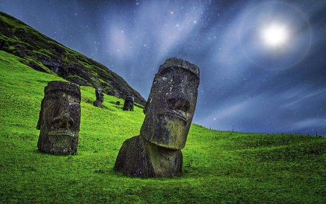 1920x1200 pix. Wallpaper moai, sculpture, starry night, grass, moonlight, easter island, rapa nui, chile, nature