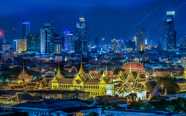 6506x1500 pix. Wallpaper grand palace, bangkok, thailand, night, skyscrapers, panorama, city