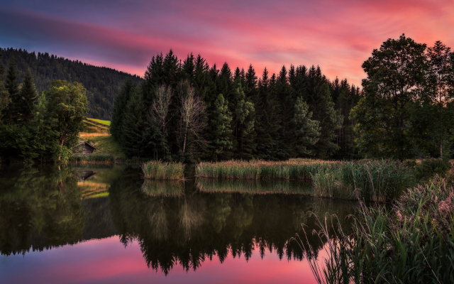 2048x1366 pix. Wallpaper sunset, lake, forest, izba, house, nature