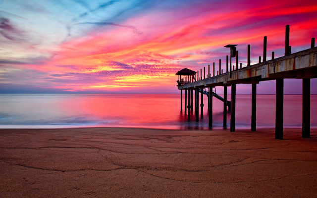 2048x1364 pix. Wallpaper sky, sunset, beach, sea, pier, nature