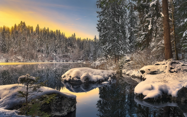 1920x1200 pix. Wallpaper winter, sunset, lake, snow, forest, nature, landscape
