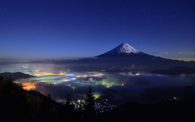 1920x1200 pix. Wallpaper nature, landscape, starry night, mountain, cityscape, mist, snowy peak, lights, trees, Mount Fuji, J
