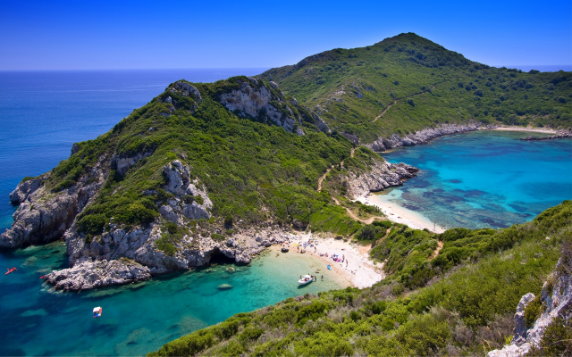1920x1200 pix. Wallpaper cape arilla, kerkira, corfu, greece, nature, beach, sea, hill, summer, boat, sand, island