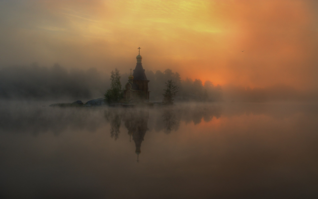 1920x1200 pix. Wallpaper nature, mist, river, sunrise, church, reflection, sunlight, russia