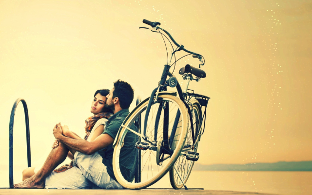 2000x1280 pix. Wallpaper couple, women, men, hugg, love, emotions, bicycle