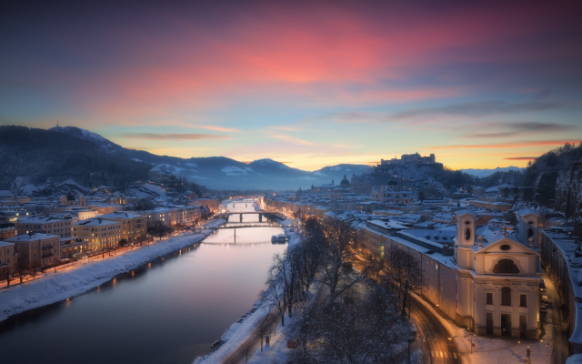 1920x1139 pix. Wallpaper salzburg, austria, city, river, winter, snow, sunset