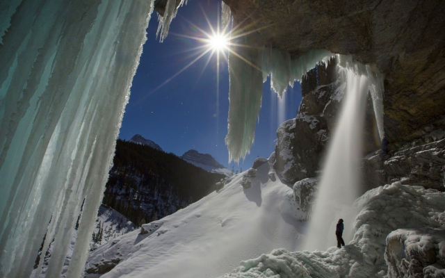 1920x1080 pix. Wallpaper winter, snow, ice, icicle, men, waterfall, nature, landscape, mountains