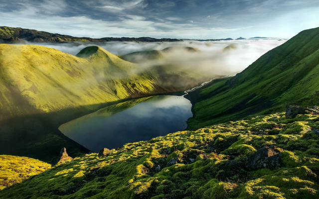 1920x1080 pix. Wallpaper mountains, iceland, hills, clouds, fog, mist, lake, grass, nature, landscape
