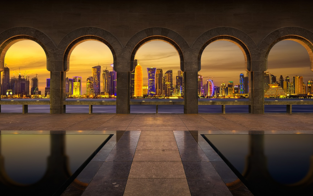 2560x1080 pix. Wallpaper doha, qatar, city, skyscrapers, pool, night